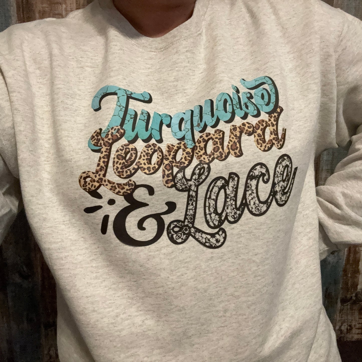 Turquoise Leopard & Lace Crewneck