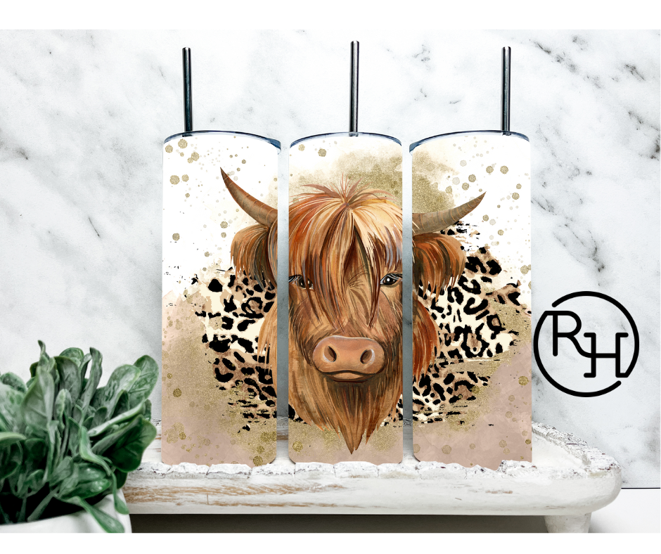 HIGHLAND COW WITH LEOPARD PRINT TUMBLER