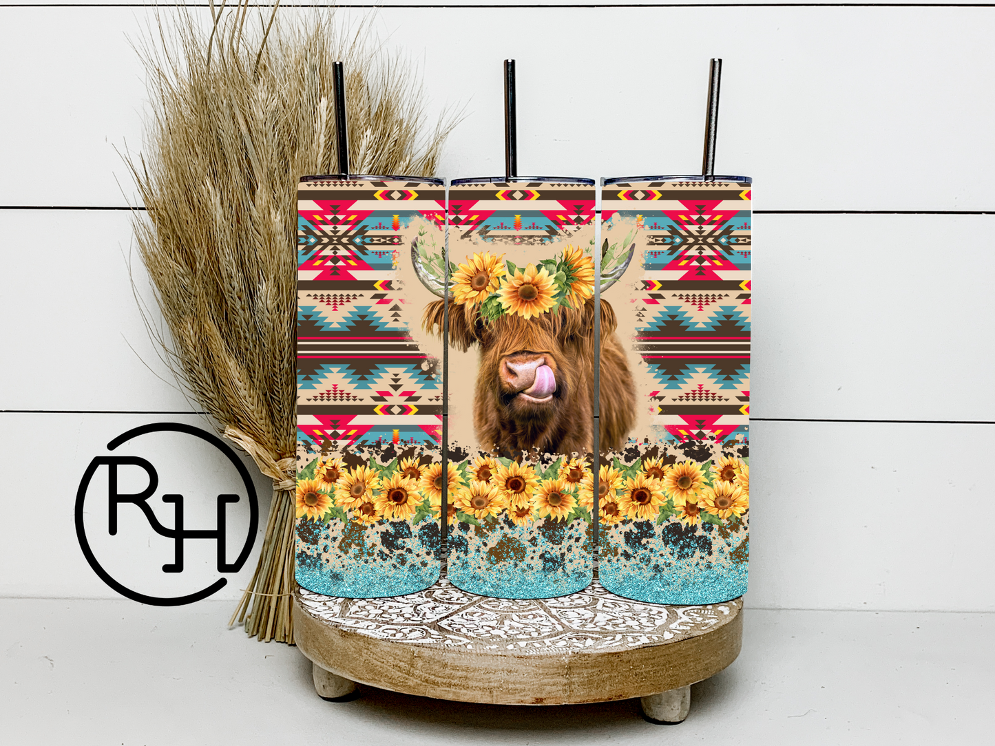 AZTEC SUNFLOWER HIGHLAND COW TUMBLER