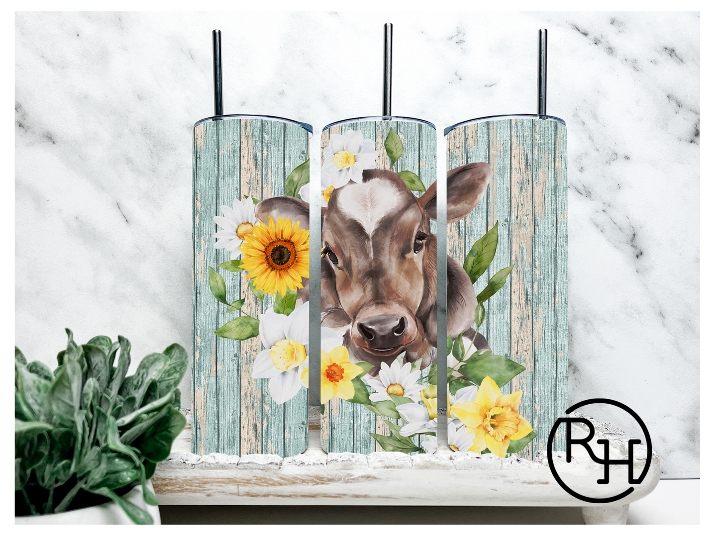 RUSTIC COW WITH SPRING FLOWERS TUMBLER