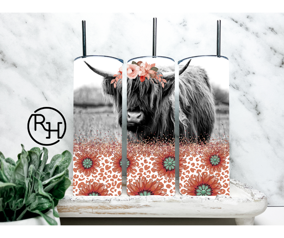 HIGHLAND COW WITH FLOWERS TUMBLER