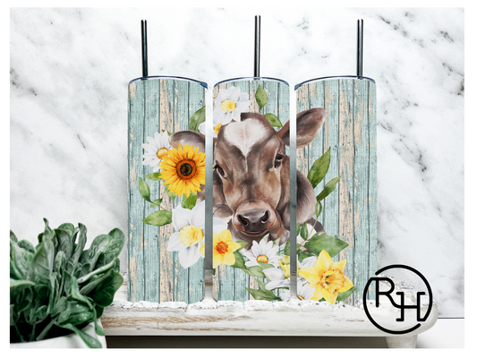 RUSTIC COW WITH SPRING FLOWERS TUMBLER